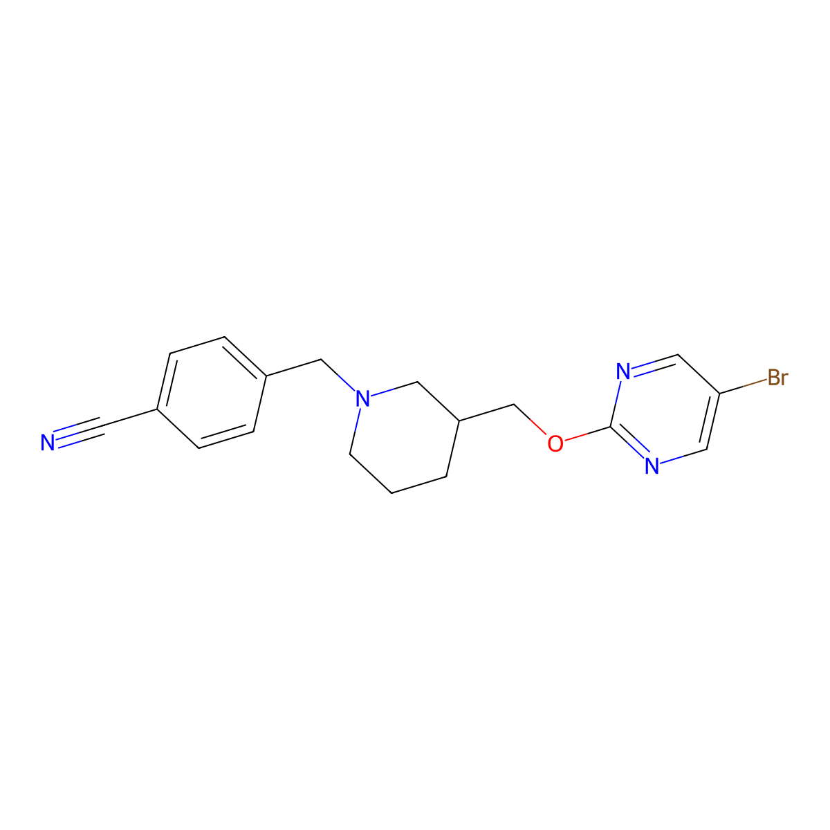 4-[(3-{[(5-Bromopyrimidin-2-yl)oxy]methyl}piperidin-1-yl)methyl]benzonitrile molecular structure, CAS 2379971-70-5