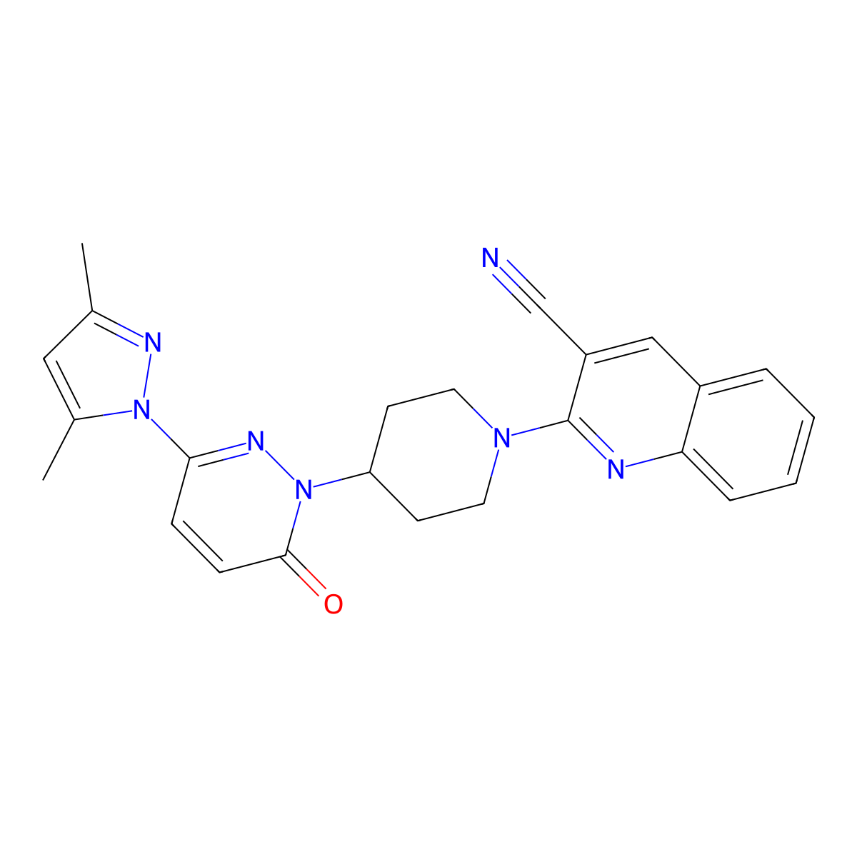 2-{4-[3-(3,5-dimethyl-1H-pyrazol-1-yl)-6-oxo-1,6-dihydropyridazin-1-yl]piperidin-1-yl}quinoline-3-carbonitrile molecular structure, CAS 2379971-71-6