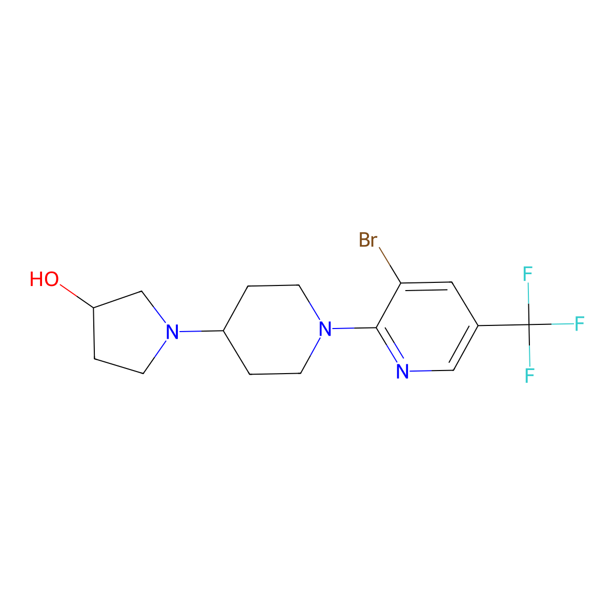 1-{1-[3-Bromo-5-(trifluoromethyl)pyridin-2-yl]piperidin-4-yl}pyrrolidin-3-ol molecular structure, CAS 2379971-82-9