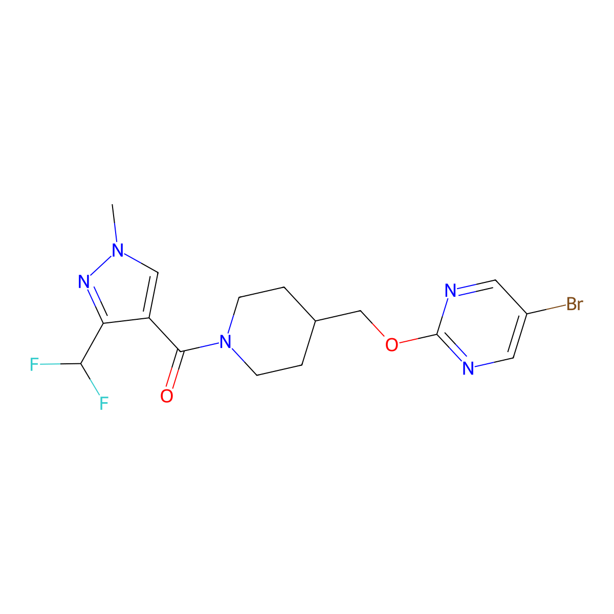 5-bromo-2-({1-[3-(difluoromethyl)-1-methyl-1H-pyrazole-4-carbonyl]piperidin-4-yl}methoxy)pyrimidine molecular structure, CAS 2379971-91-0