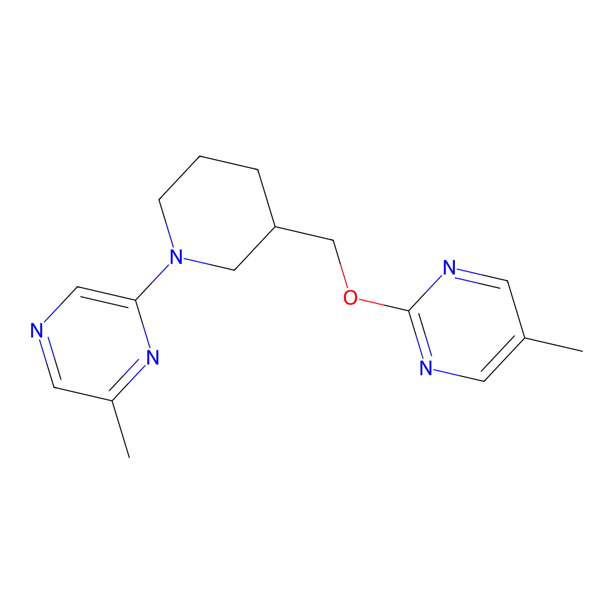2-Methyl-6-(3-{[(5-methylpyrimidin-2-yl)oxy]methyl}piperidin-1-yl)pyrazine molecular structure, CAS 2379972-08-2