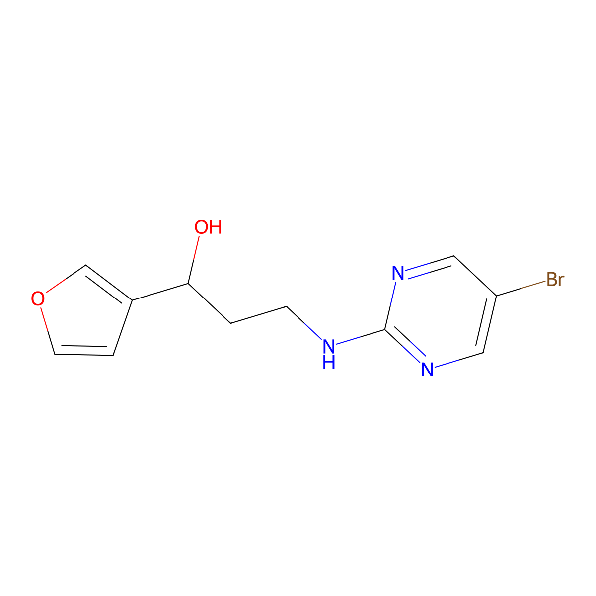 3-[(5-Bromopyrimidin-2-yl)amino]-1-(furan-3-yl)propan-1-ol molecular structure, CAS 2379972-09-3