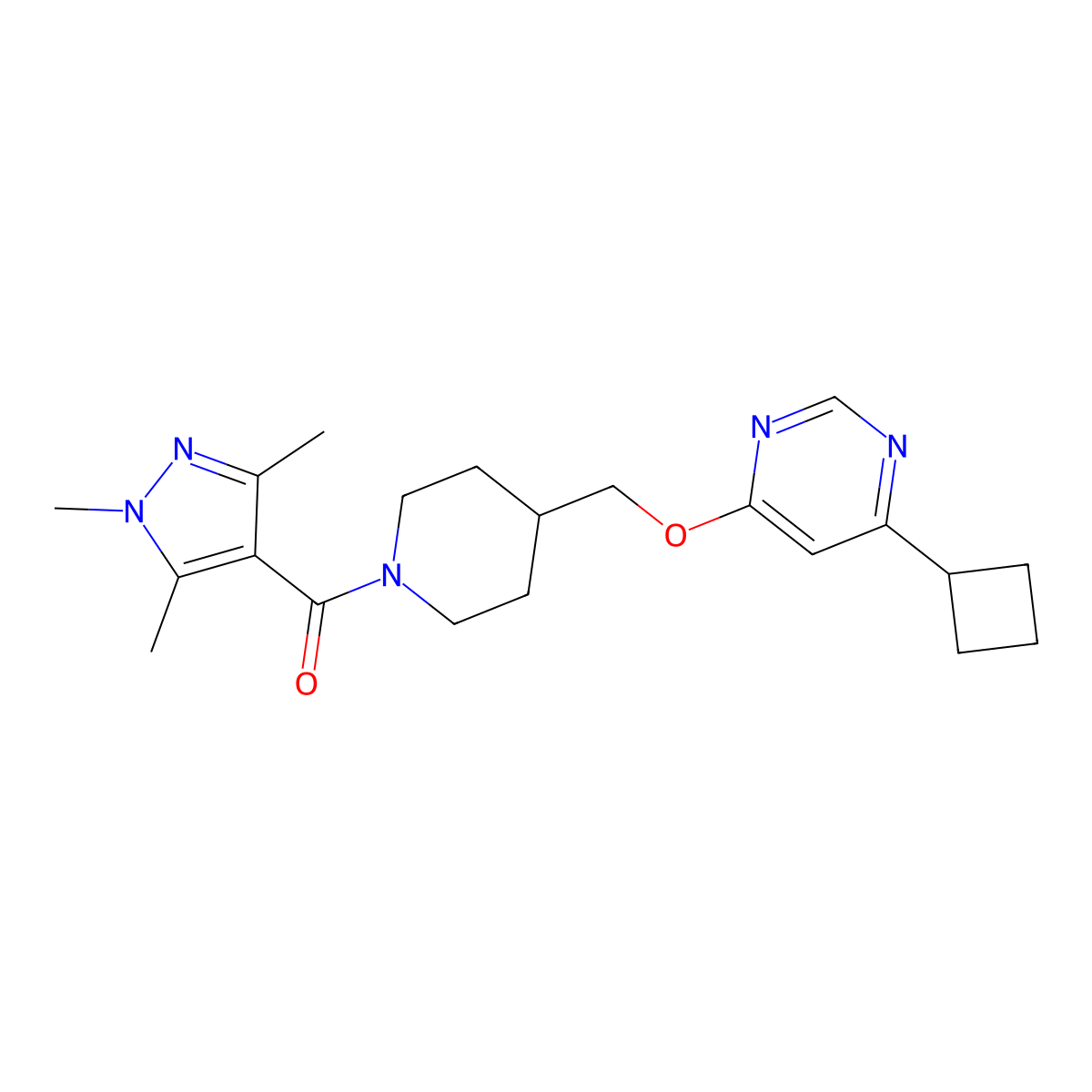 4-cyclobutyl-6-{[1-(1,3,5-trimethyl-1H-pyrazole-4-carbonyl)piperidin-4-yl]methoxy}pyrimidine molecular structure, CAS 2379972-14-0