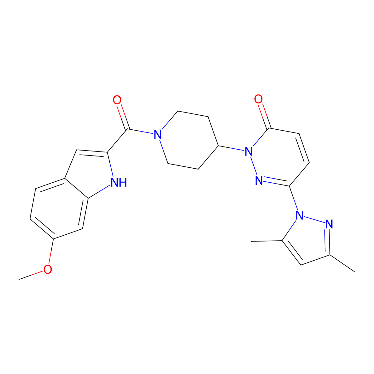 6-(3,5-dimethyl-1H-pyrazol-1-yl)-2-[1-(6-methoxy-1H-indole-2-carbonyl)piperidin-4-yl]-2,3-dihydropyridazin-3-one molecular structure, CAS 2379972-16-2
