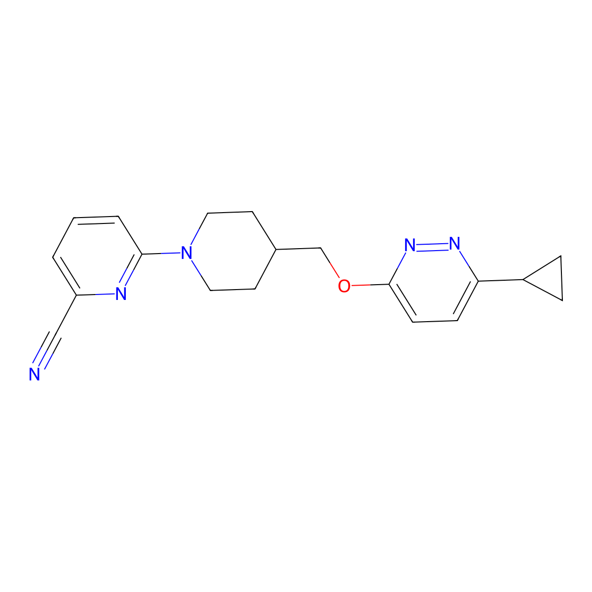 6-(4-{[(6-Cyclopropylpyridazin-3-yl)oxy]methyl}piperidin-1-yl)pyridine-2-carbonitrile molecular structure, CAS 2379972-29-7