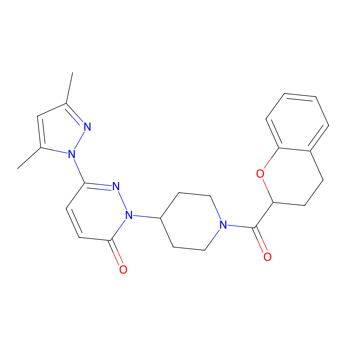 2-[1-(3,4-dihydro-2H-1-benzopyran-2-carbonyl)piperidin-4-yl]-6-(3,5-dimethyl-1H-pyrazol-1-yl)-2,3-dihydropyridazin-3-one molecular structure, CAS 2379972-30-0