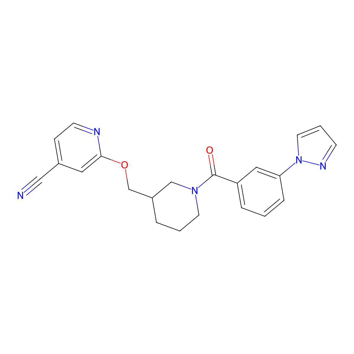 2-({1-[3-(1H-pyrazol-1-yl)benzoyl]piperidin-3-yl}methoxy)pyridine-4-carbonitrile molecular structure, CAS 2379972-34-4
