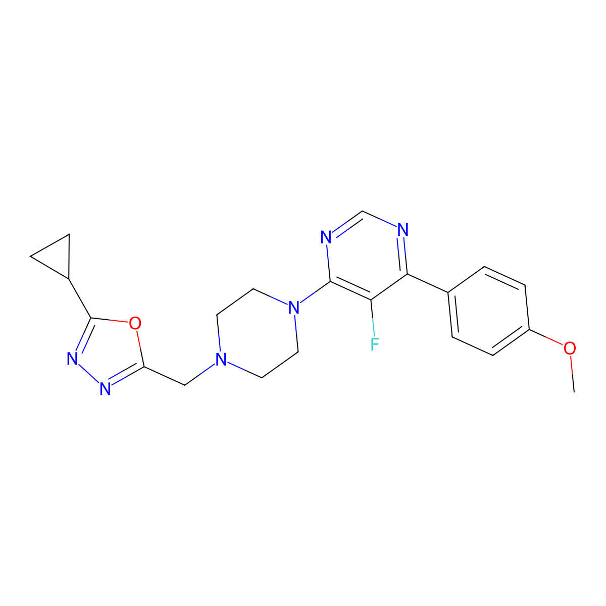 4-{4-[(5-Cyclopropyl-1,3,4-oxadiazol-2-yl)methyl]piperazin-1-yl}-5-fluoro-6-(4-methoxyphenyl)pyrimidine molecular structure, CAS 2379972-38-8