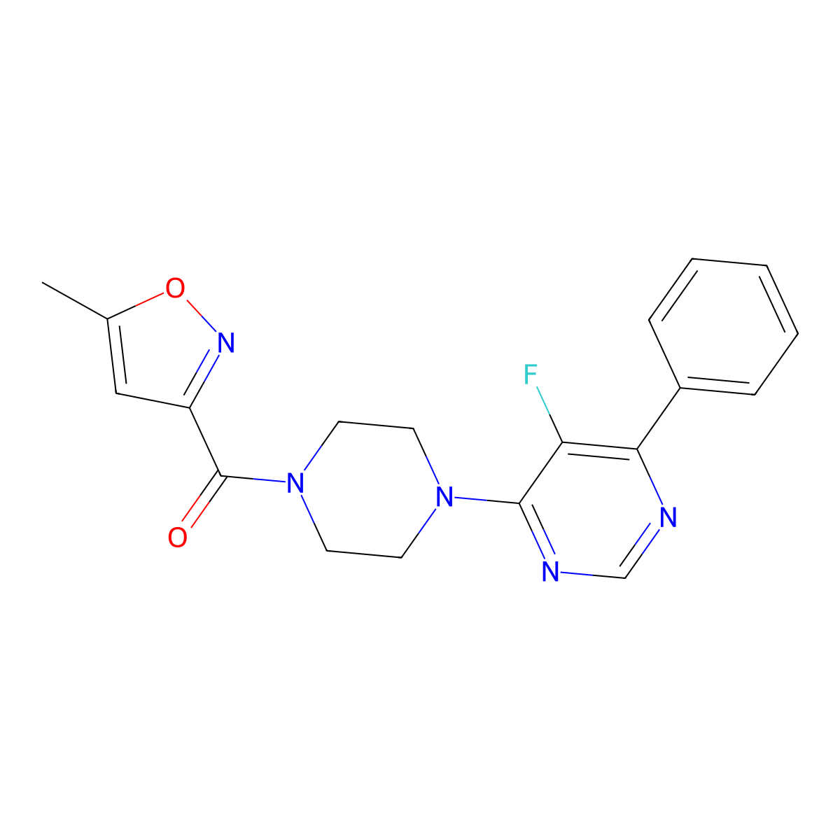 5-Fluoro-4-[4-(5-methyl-1,2-oxazole-3-carbonyl)piperazin-1-yl]-6-phenylpyrimidine molecular structure, CAS 2379972-42-4