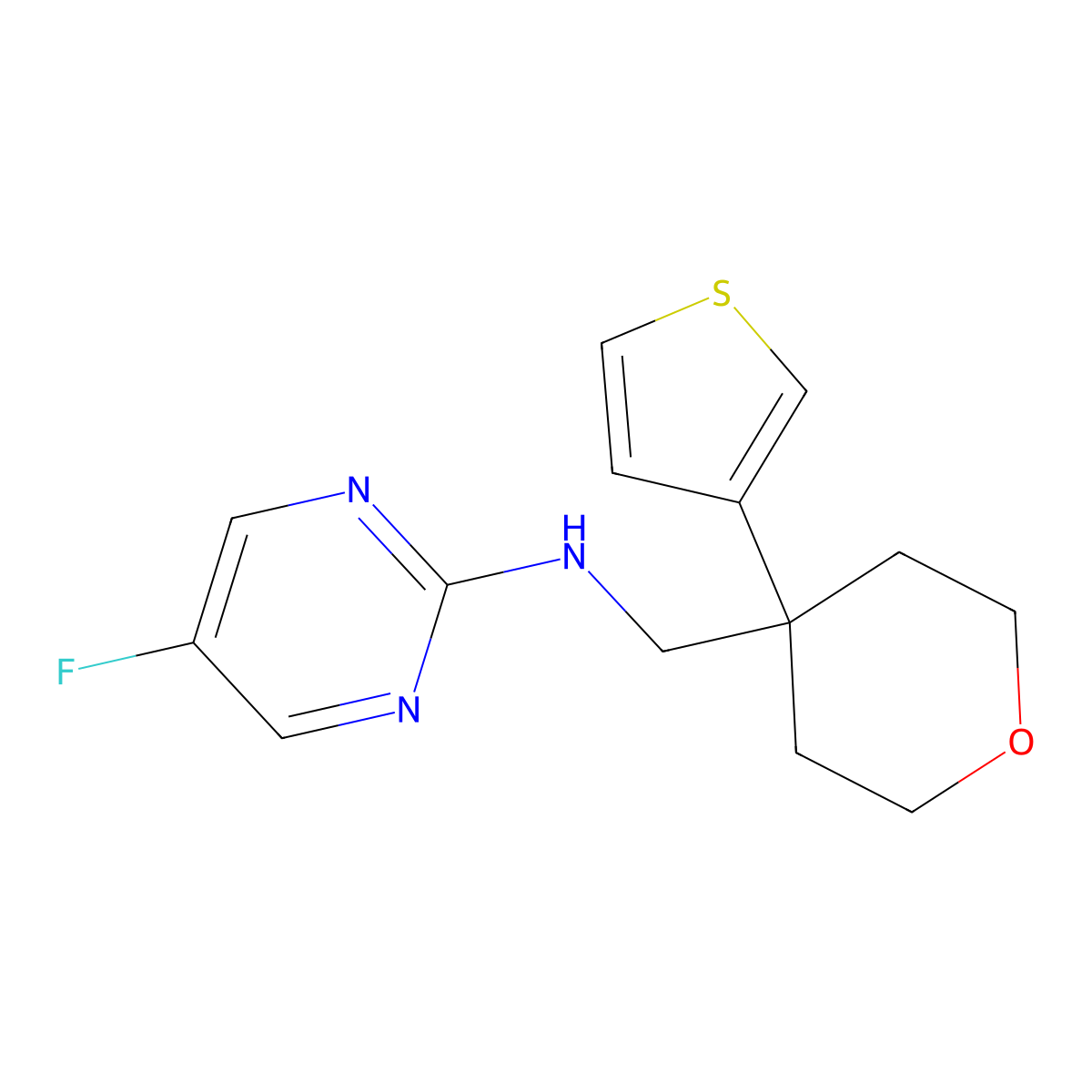 5-fluoro-N-{[4-(thiophen-3-yl)oxan-4-yl]methyl}pyrimidin-2-amine molecular structure, CAS 2379972-85-5