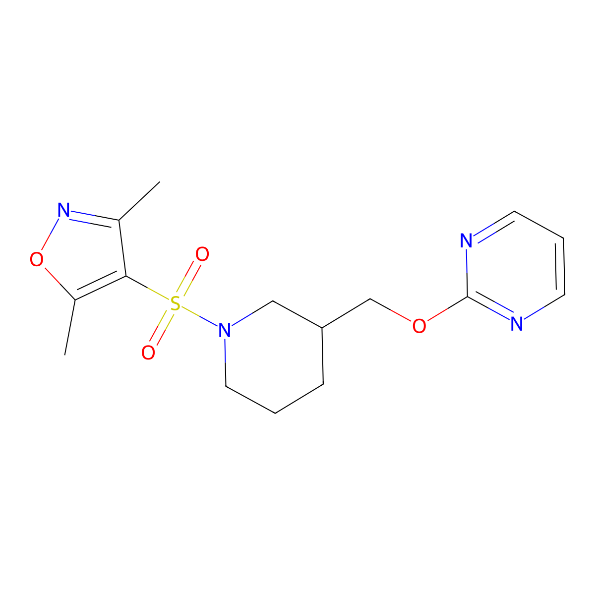 2-({1-[(3,5-Dimethyl-1,2-oxazol-4-yl)sulfonyl]piperidin-3-yl}methoxy)pyrimidine molecular structure, CAS 2379972-89-9