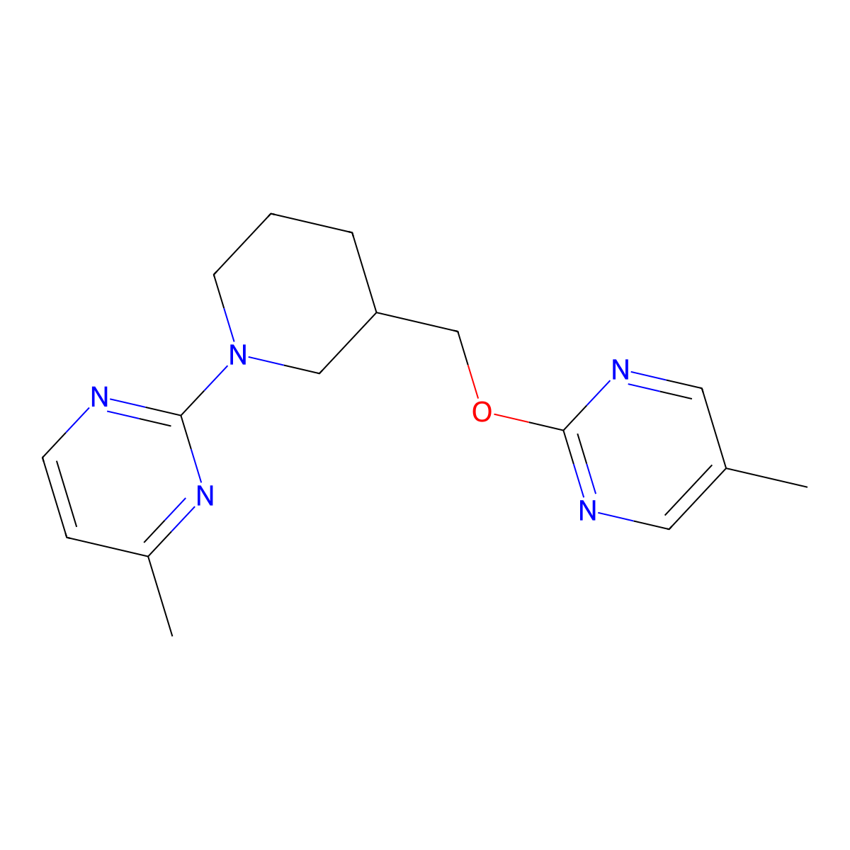 4-Methyl-2-(3-{[(5-methylpyrimidin-2-yl)oxy]methyl}piperidin-1-yl)pyrimidine molecular structure, CAS 2379973-02-9