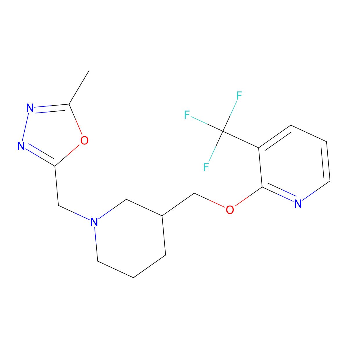 2-({1-[(5-Methyl-1,3,4-oxadiazol-2-yl)methyl]piperidin-3-yl}methoxy)-3-(trifluoromethyl)pyridine molecular structure, CAS 2379973-10-9
