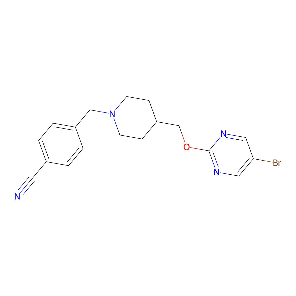 4-[(4-{[(5-Bromopyrimidin-2-yl)oxy]methyl}piperidin-1-yl)methyl]benzonitrile molecular structure, CAS 2379973-13-2