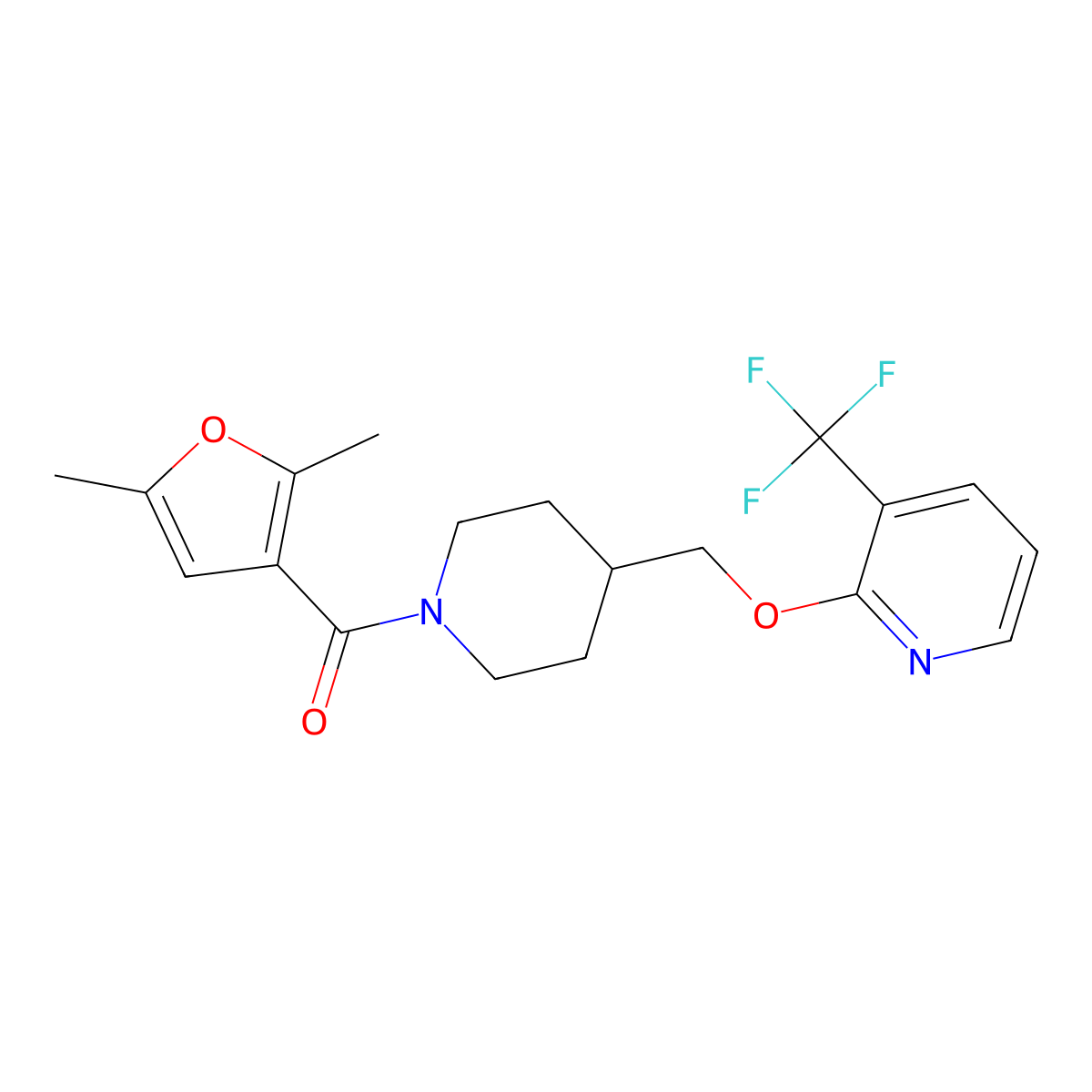2-{[1-(2,5-Dimethylfuran-3-carbonyl)piperidin-4-yl]methoxy}-3-(trifluoromethyl)pyridine molecular structure, CAS 2379974-85-1