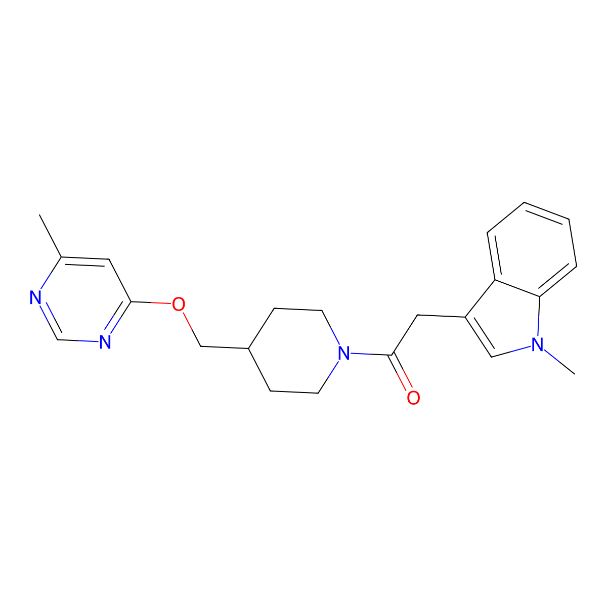 2-(1-methyl-1H-indol-3-yl)-1-(4-{[(6-methylpyrimidin-4-yl)oxy]methyl}piperidin-1-yl)ethan-1-one molecular structure, CAS 2379974-87-3