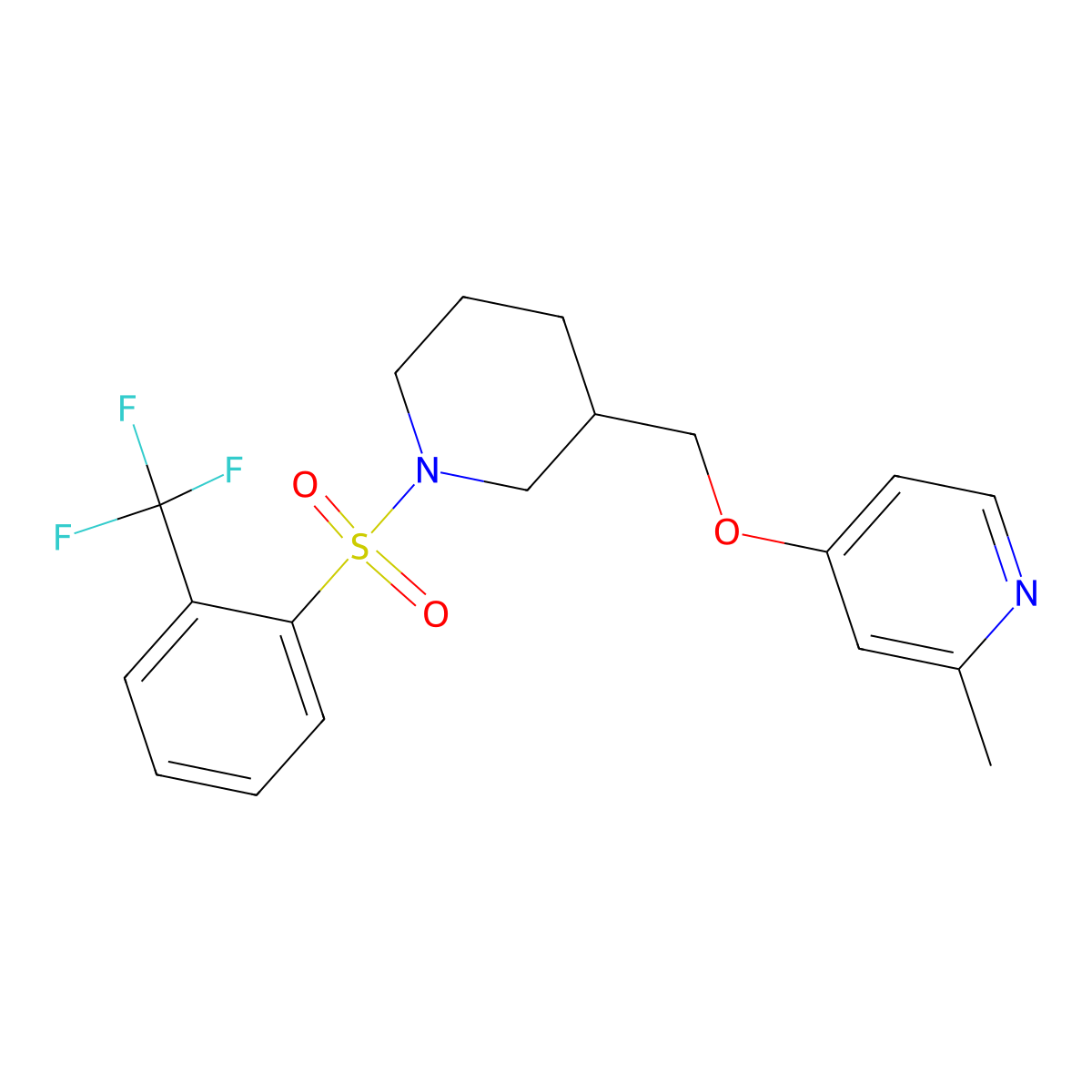2-Methyl-4-({1-[2-(trifluoromethyl)benzenesulfonyl]piperidin-3-yl}methoxy)pyridine molecular structure, CAS 2379974-91-9