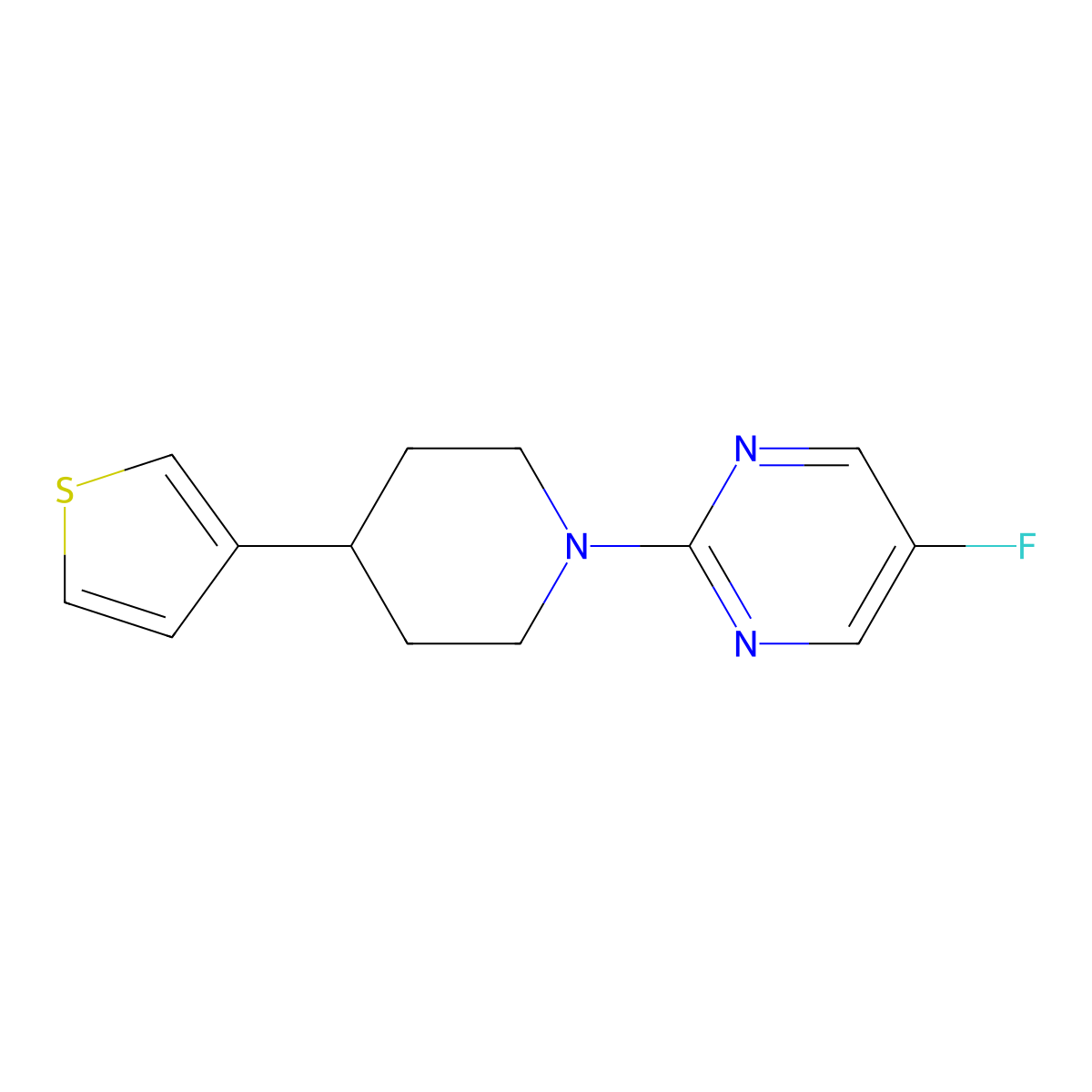 5-Fluoro-2-[4-(thiophen-3-yl)piperidin-1-yl]pyrimidine molecular structure, CAS 2379974-97-5