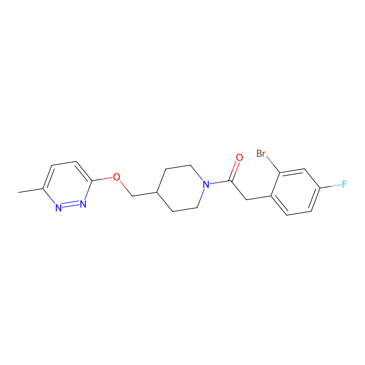 2-(2-Bromo-4-fluorophenyl)-1-(4-{[(6-methylpyridazin-3-yl)oxy]methyl}piperidin-1-yl)ethan-1-one molecular structure, CAS 2379975-06-9