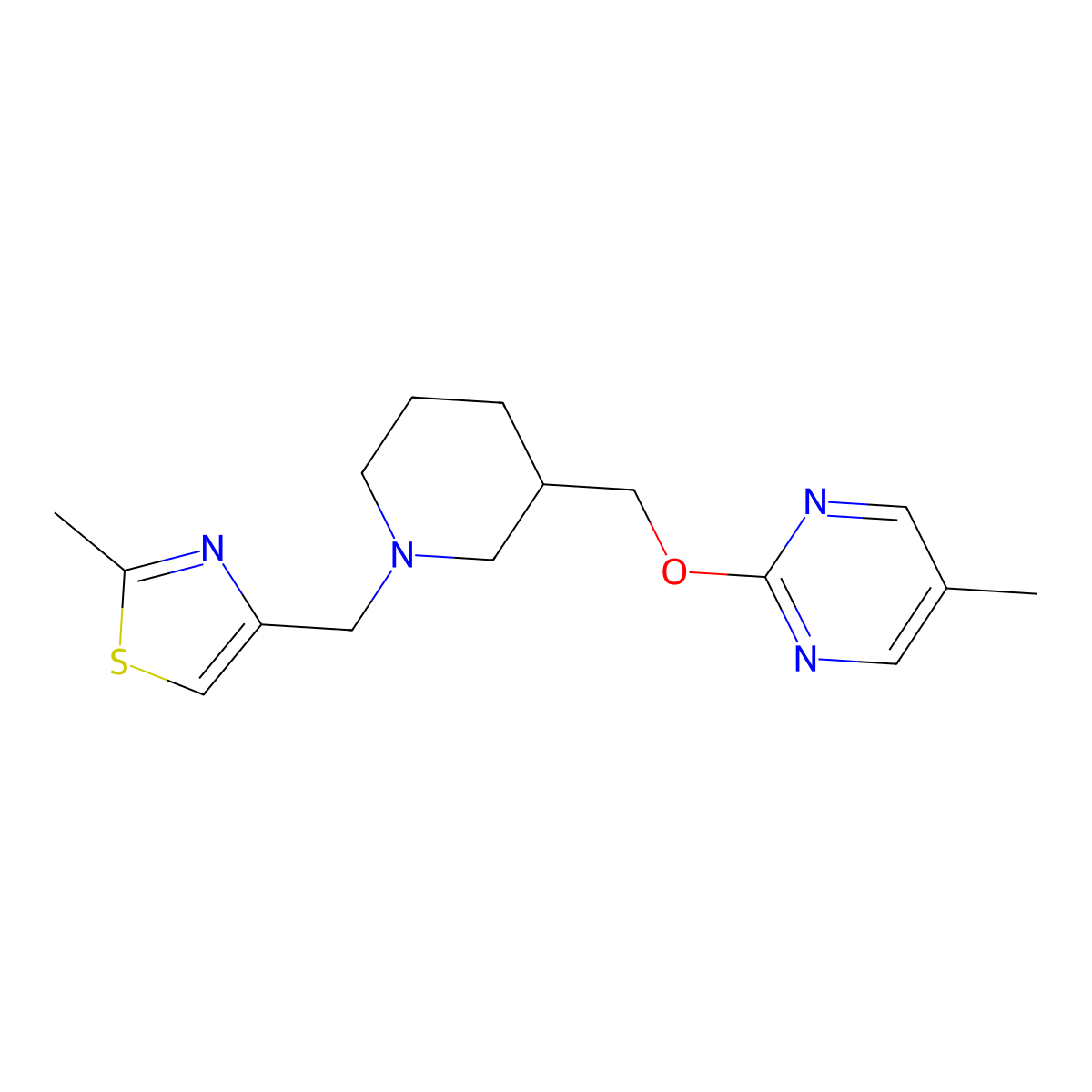 5-Methyl-2-({1-[(2-methyl-1,3-thiazol-4-yl)methyl]piperidin-3-yl}methoxy)pyrimidine molecular structure, CAS 2379975-07-0