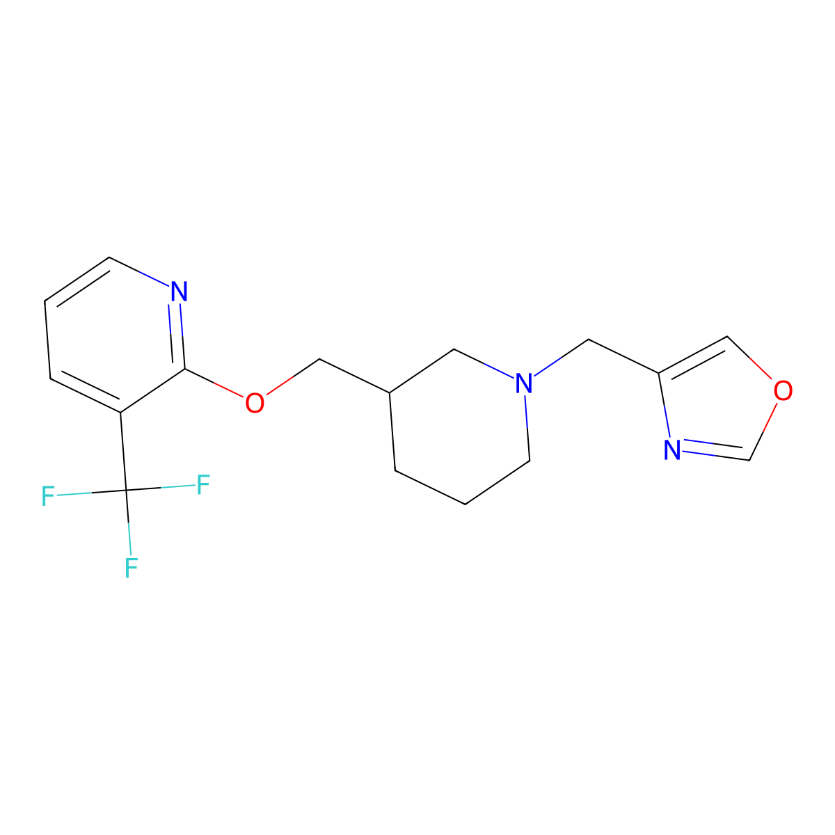 2-({1-[(1,3-Oxazol-4-yl)methyl]piperidin-3-yl}methoxy)-3-(trifluoromethyl)pyridine molecular structure, CAS 2379975-11-6