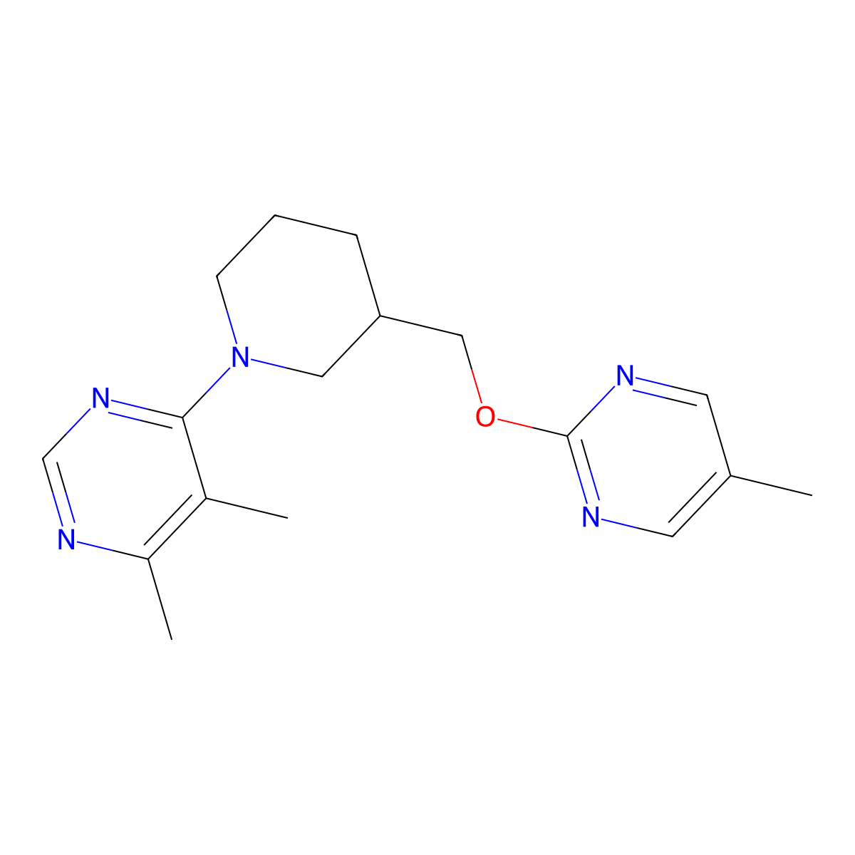 4,5-Dimethyl-6-(3-{[(5-methylpyrimidin-2-yl)oxy]methyl}piperidin-1-yl)pyrimidine molecular structure, CAS 2379975-12-7