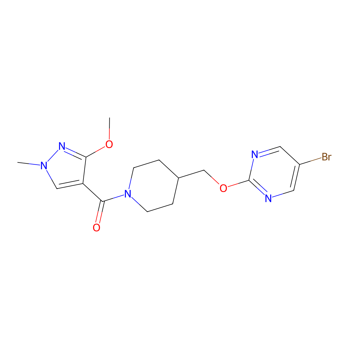 5-bromo-2-{[1-(3-methoxy-1-methyl-1H-pyrazole-4-carbonyl)piperidin-4-yl]methoxy}pyrimidine molecular structure, CAS 2379975-13-8