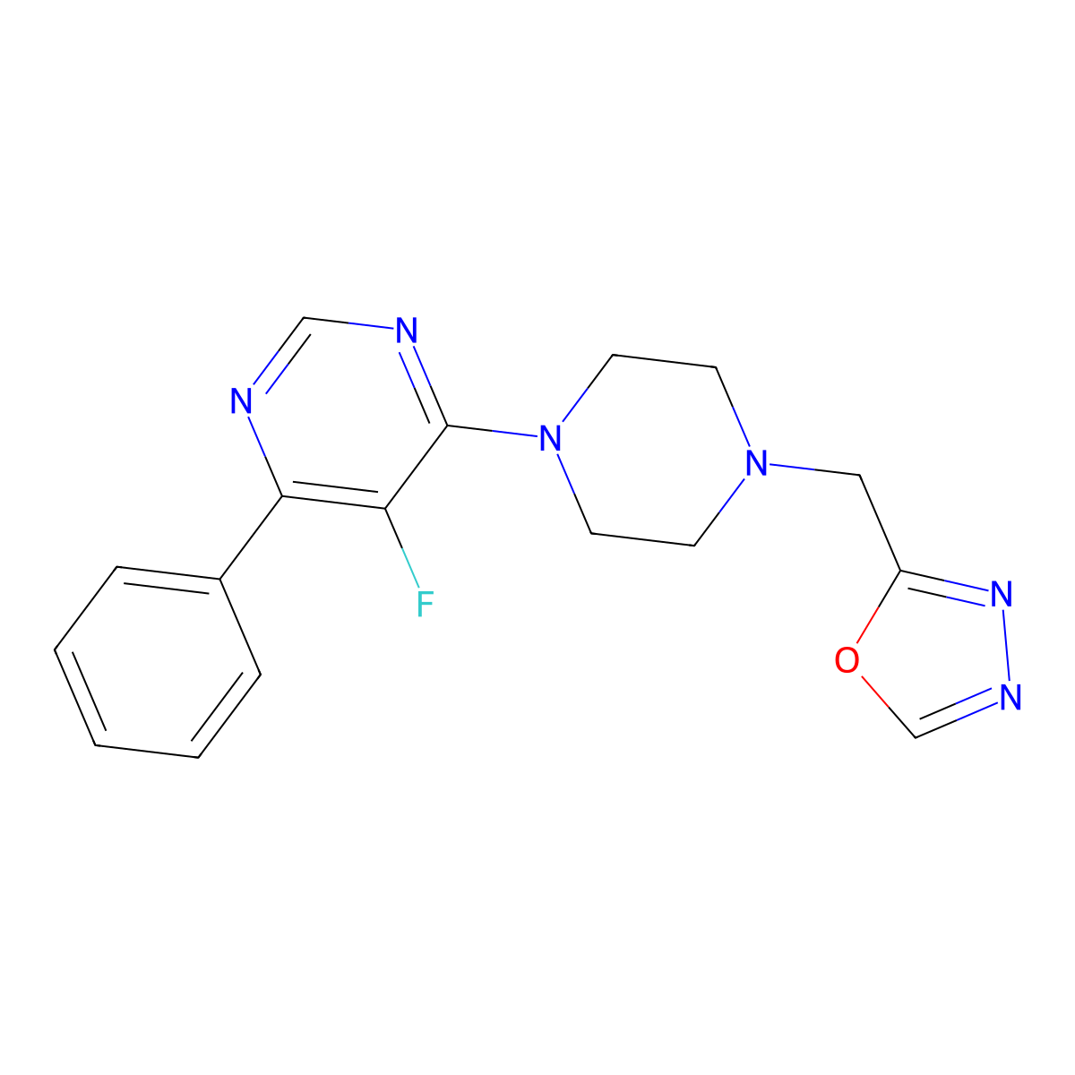 5-Fluoro-4-{4-[(1,3,4-oxadiazol-2-yl)methyl]piperazin-1-yl}-6-phenylpyrimidine molecular structure, CAS 2379975-14-9