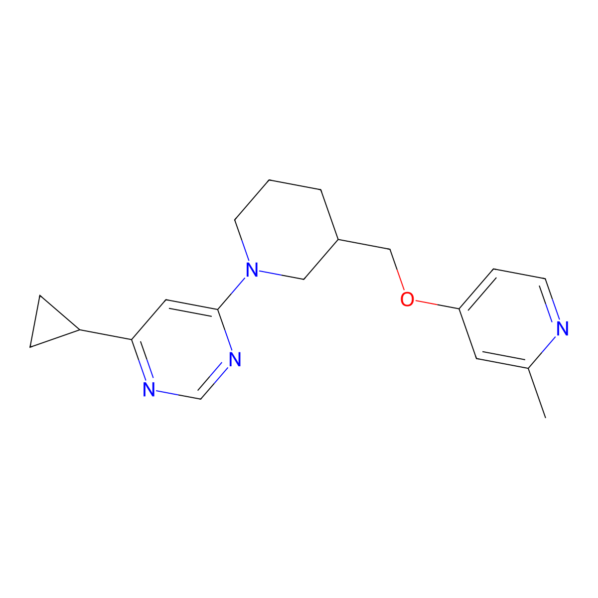 4-Cyclopropyl-6-(3-{[(2-methylpyridin-4-yl)oxy]methyl}piperidin-1-yl)pyrimidine molecular structure, CAS 2379975-34-3