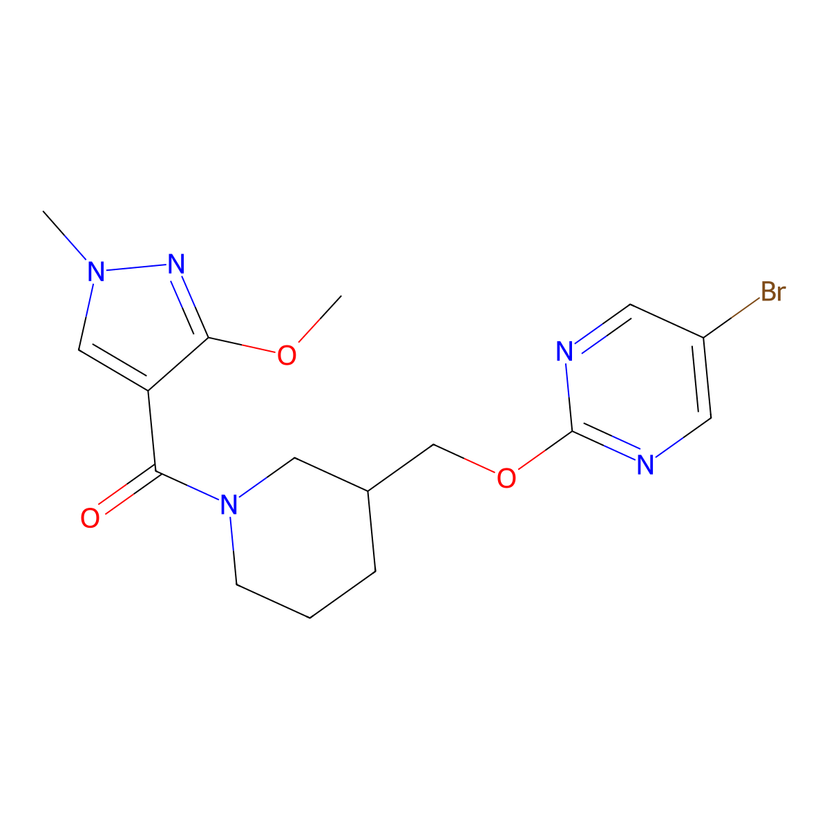 5-bromo-2-{[1-(3-methoxy-1-methyl-1H-pyrazole-4-carbonyl)piperidin-3-yl]methoxy}pyrimidine molecular structure, CAS 2379975-35-4