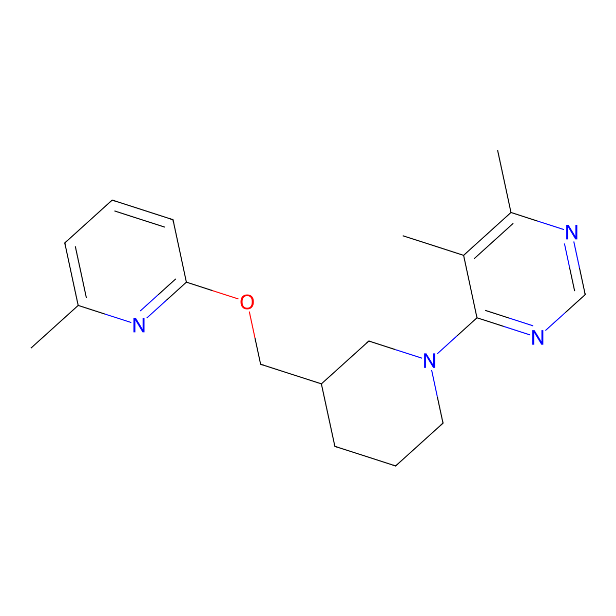4,5-Dimethyl-6-(3-{[(6-methylpyridin-2-yl)oxy]methyl}piperidin-1-yl)pyrimidine molecular structure, CAS 2379975-39-8