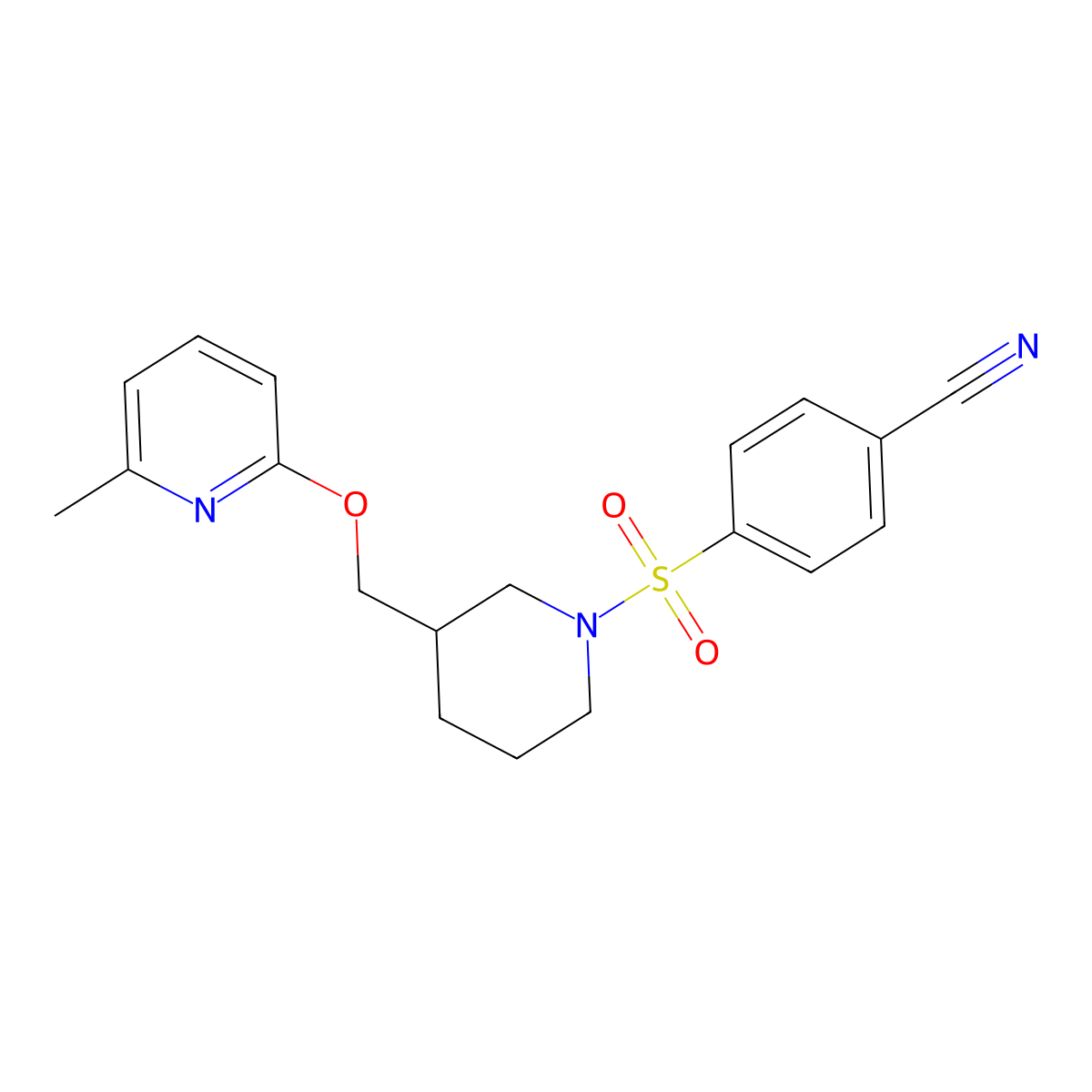 4-[(3-{[(6-Methylpyridin-2-yl)oxy]methyl}piperidin-1-yl)sulfonyl]benzonitrile molecular structure, CAS 2379975-50-3