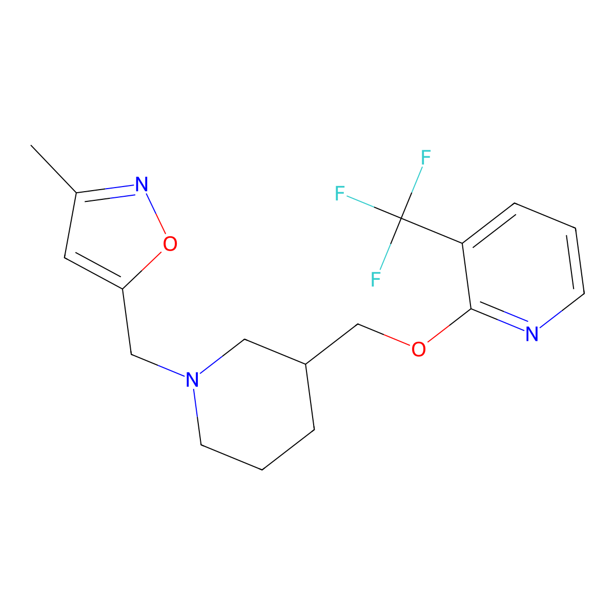 2-({1-[(3-Methyl-1,2-oxazol-5-yl)methyl]piperidin-3-yl}methoxy)-3-(trifluoromethyl)pyridine molecular structure, CAS 2379975-65-0