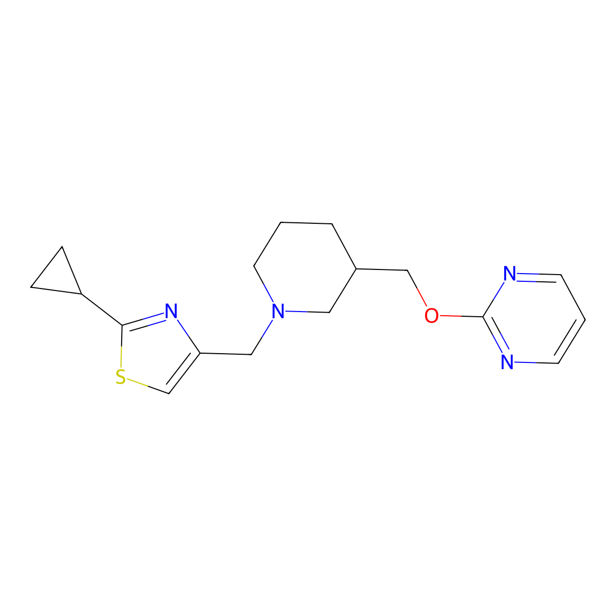 2-({1-[(2-Cyclopropyl-1,3-thiazol-4-yl)methyl]piperidin-3-yl}methoxy)pyrimidine molecular structure, CAS 2379975-68-3
