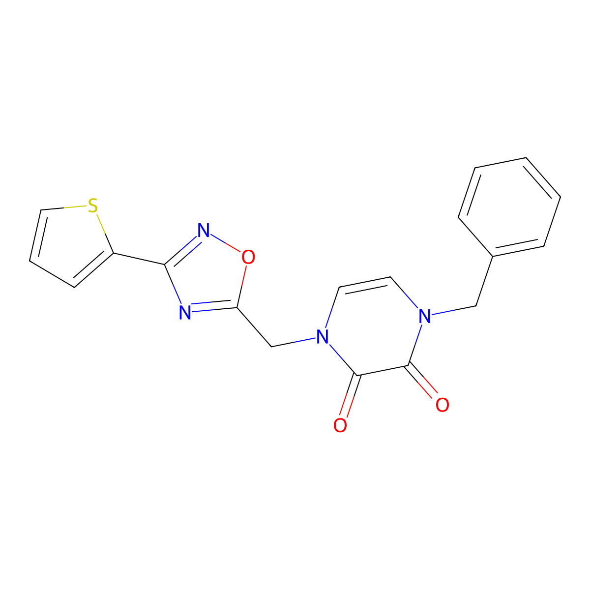 1-Benzyl-4-[(3-thiophen-2-yl-1,2,4-oxadiazol-5-yl)methyl]pyrazine-2,3-dione molecular structure, CAS 2379975-79-6