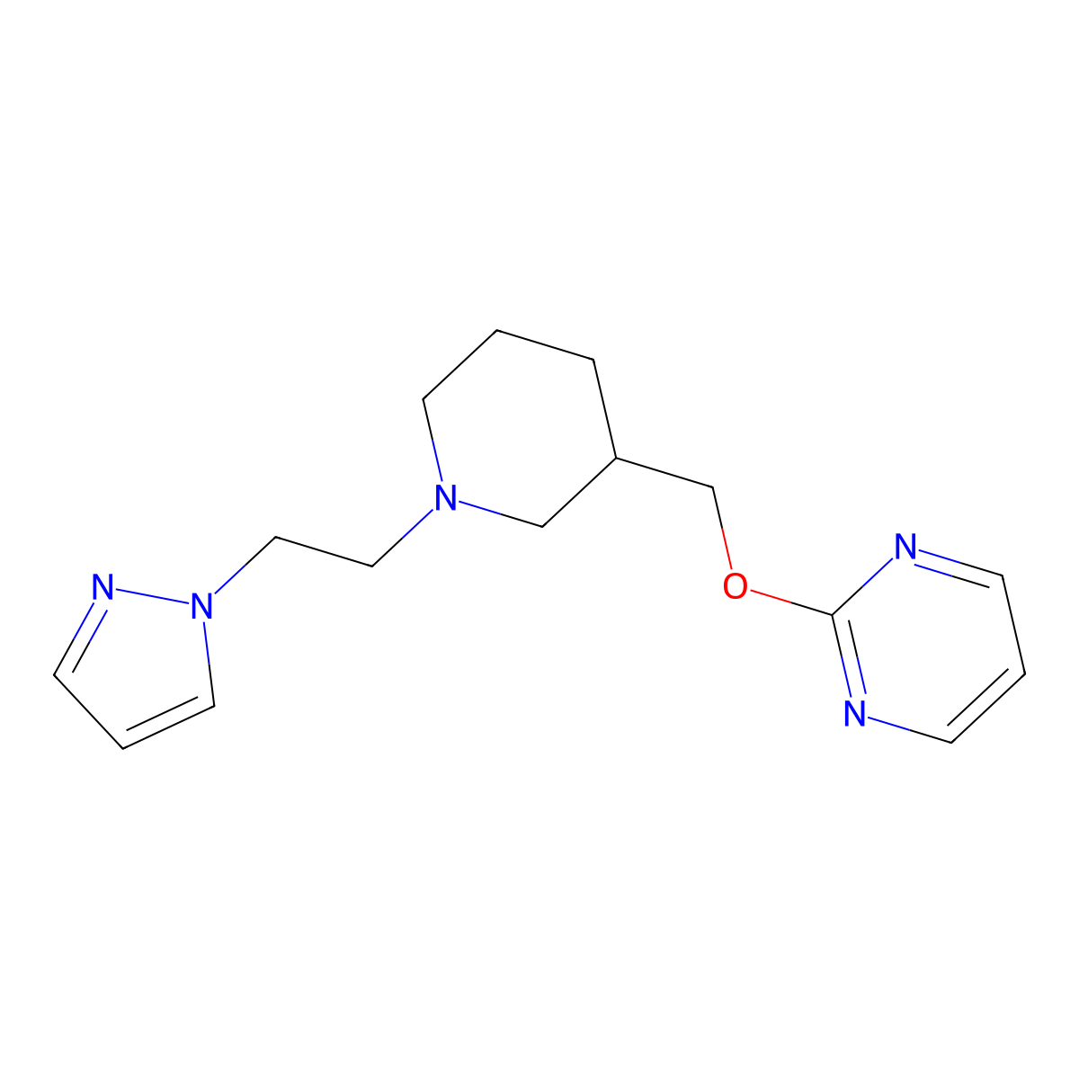 2-({1-[2-(1H-pyrazol-1-yl)ethyl]piperidin-3-yl}methoxy)pyrimidine molecular structure, CAS 2379975-90-1