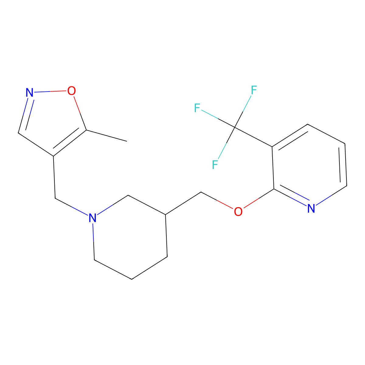 2-({1-[(5-Methyl-1,2-oxazol-4-yl)methyl]piperidin-3-yl}methoxy)-3-(trifluoromethyl)pyridine molecular structure, CAS 2379975-91-2