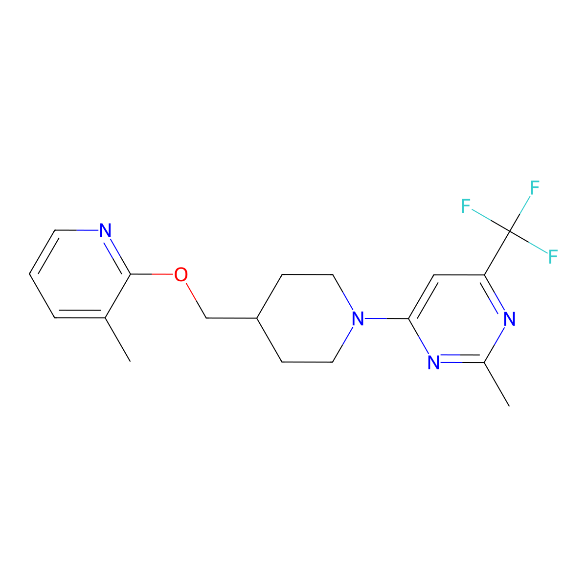 2-Methyl-4-(4-{[(3-methylpyridin-2-yl)oxy]methyl}piperidin-1-yl)-6-(trifluoromethyl)pyrimidine molecular structure, CAS 2379975-93-4