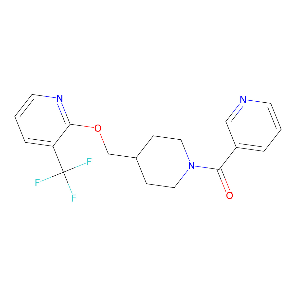 2-{[1-(Pyridine-3-carbonyl)piperidin-4-yl]methoxy}-3-(trifluoromethyl)pyridine molecular structure, CAS 2379975-94-5