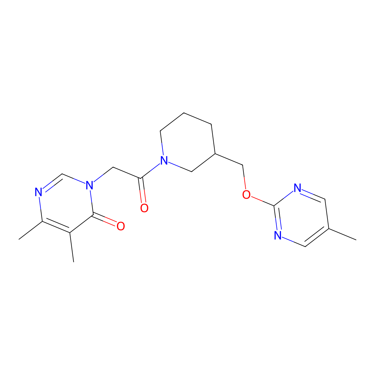 5,6-Dimethyl-3-[2-(3-{[(5-methylpyrimidin-2-yl)oxy]methyl}piperidin-1-yl)-2-oxoethyl]-3,4-dihydropyrimidin-4-one molecular structure, CAS 2379976-13-1