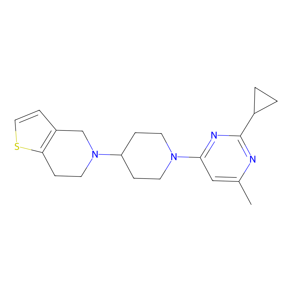 2-cyclopropyl-4-methyl-6-(4-{4H,5H,6H,7H-thieno[3,2-c]pyridin-5-yl}piperidin-1-yl)pyrimidine molecular structure, CAS 2379976-19-7