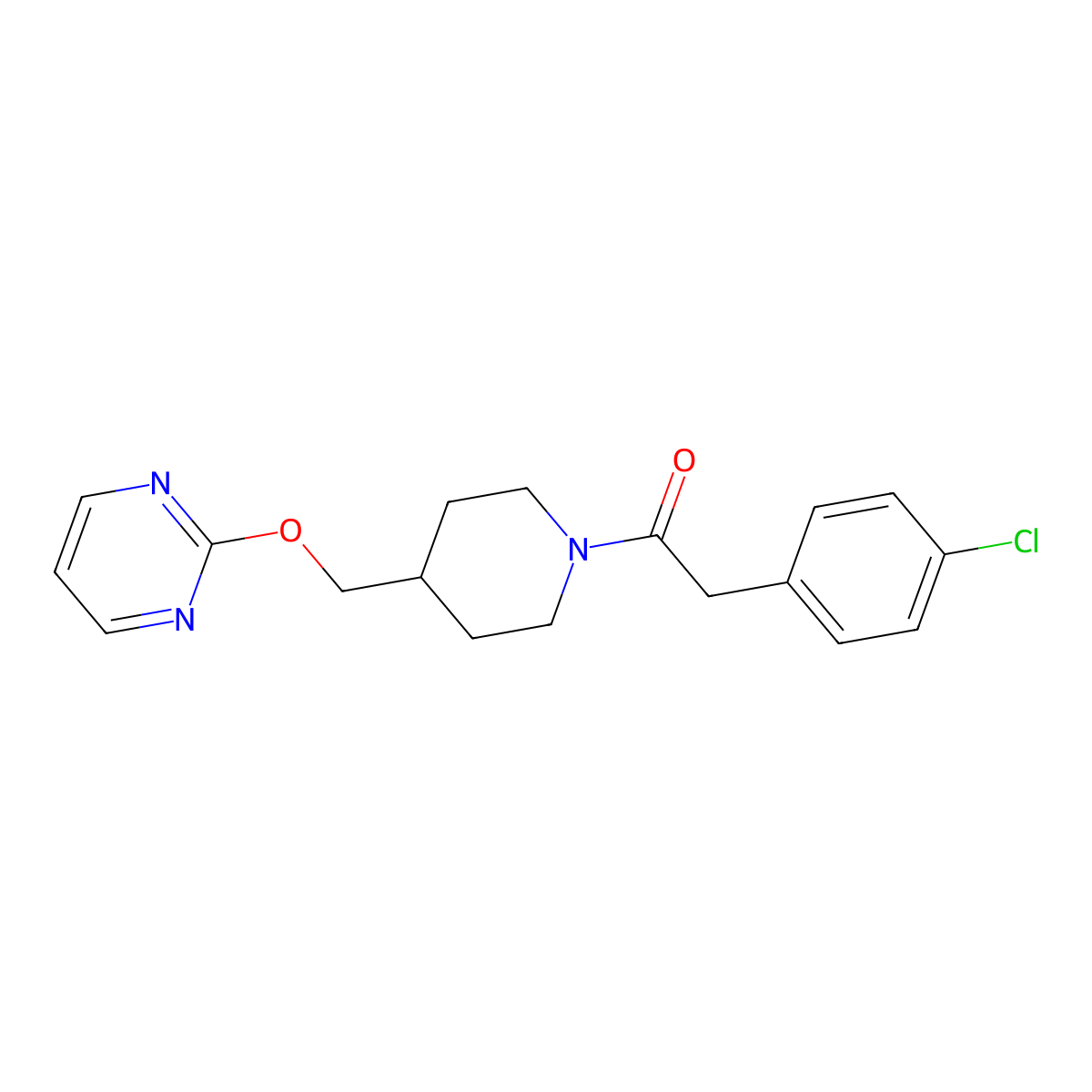 2-(4-Chlorophenyl)-1-{4-[(pyrimidin-2-yloxy)methyl]piperidin-1-yl}ethan-1-one molecular structure, CAS 2379976-23-3