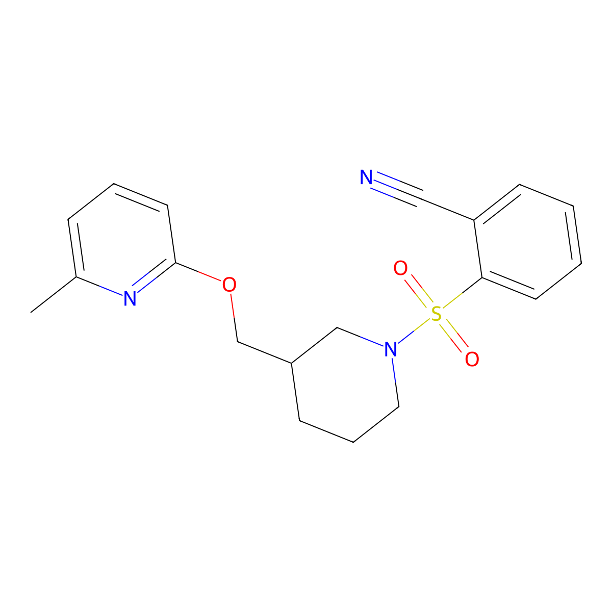 2-[(3-{[(6-Methylpyridin-2-yl)oxy]methyl}piperidin-1-yl)sulfonyl]benzonitrile molecular structure, CAS 2379976-25-5