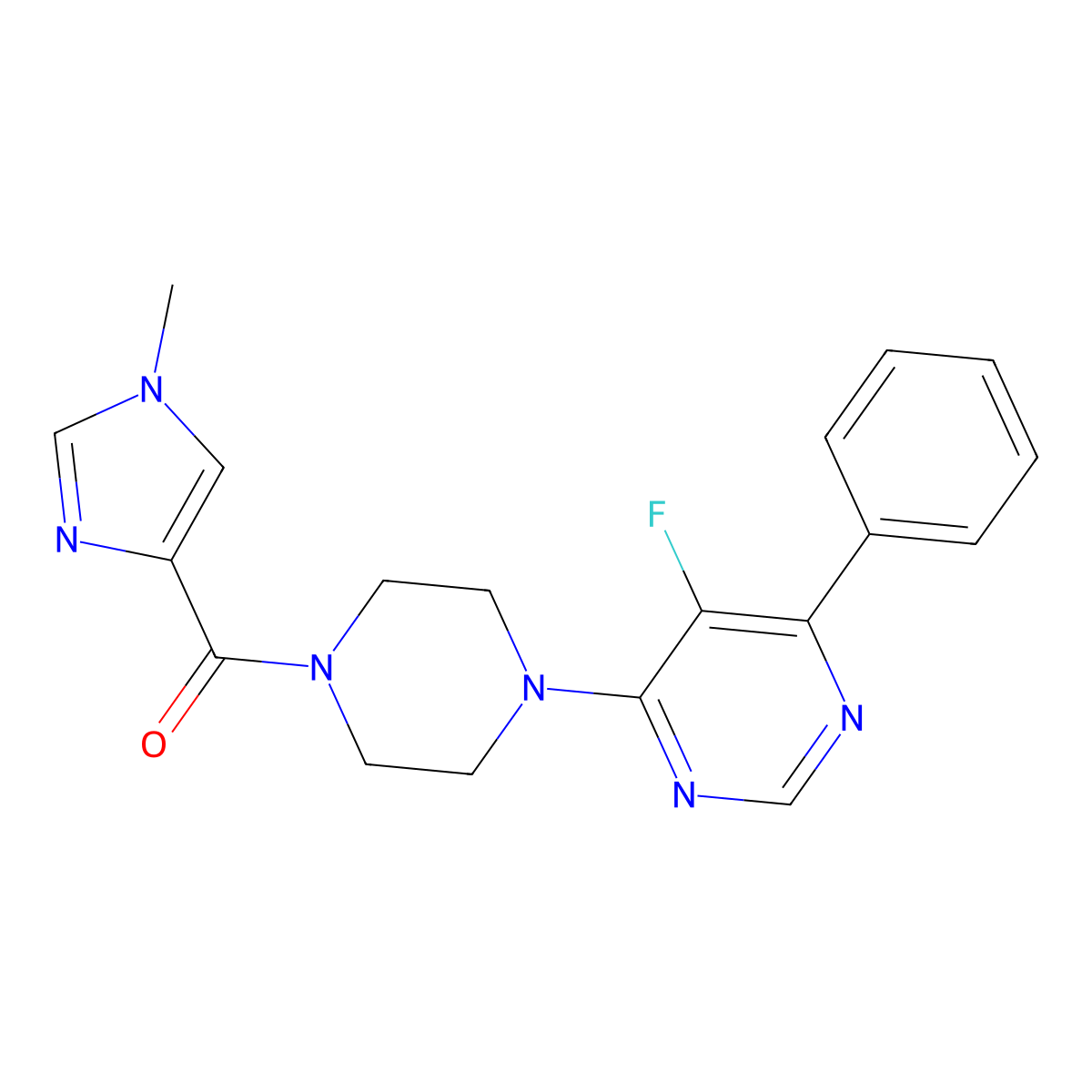 5-fluoro-4-[4-(1-methyl-1H-imidazole-4-carbonyl)piperazin-1-yl]-6-phenylpyrimidine molecular structure, CAS 2379976-26-6