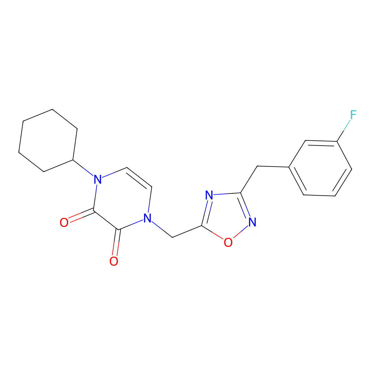 1-Cyclohexyl-4-[[3-[(3-fluorophenyl)methyl]-1,2,4-oxadiazol-5-yl]methyl]pyrazine-2,3-dione molecular structure, CAS 2379976-28-8