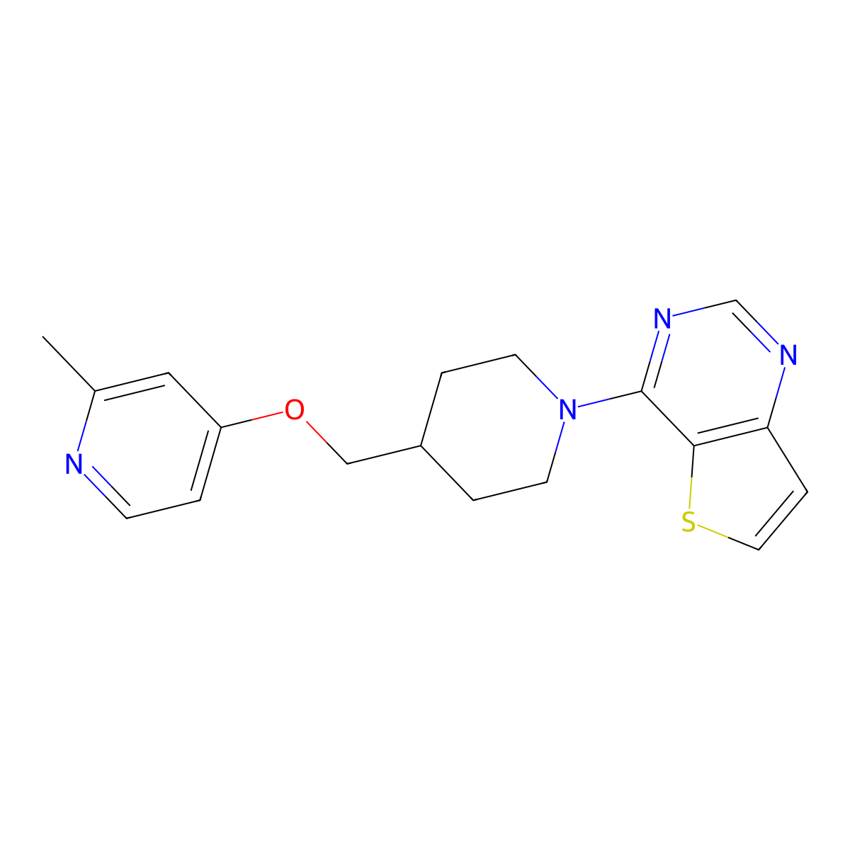 2-Methyl-4-[(1-{thieno[3,2-d]pyrimidin-4-yl}piperidin-4-yl)methoxy]pyridine molecular structure, CAS 2379976-29-9