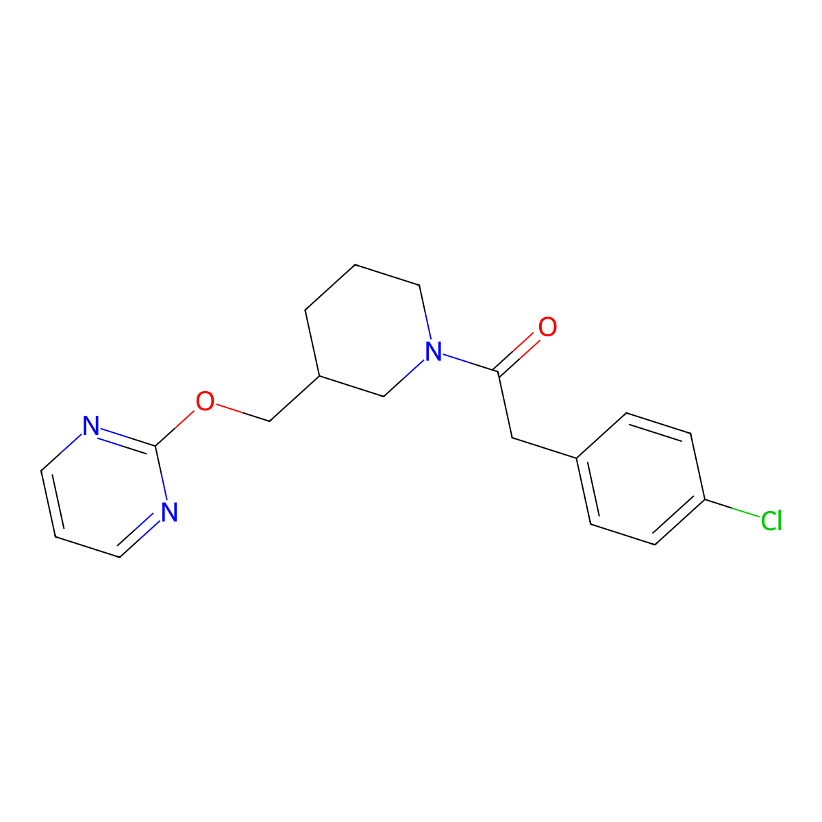 2-(4-Chlorophenyl)-1-{3-[(pyrimidin-2-yloxy)methyl]piperidin-1-yl}ethan-1-one molecular structure, CAS 2379976-35-7