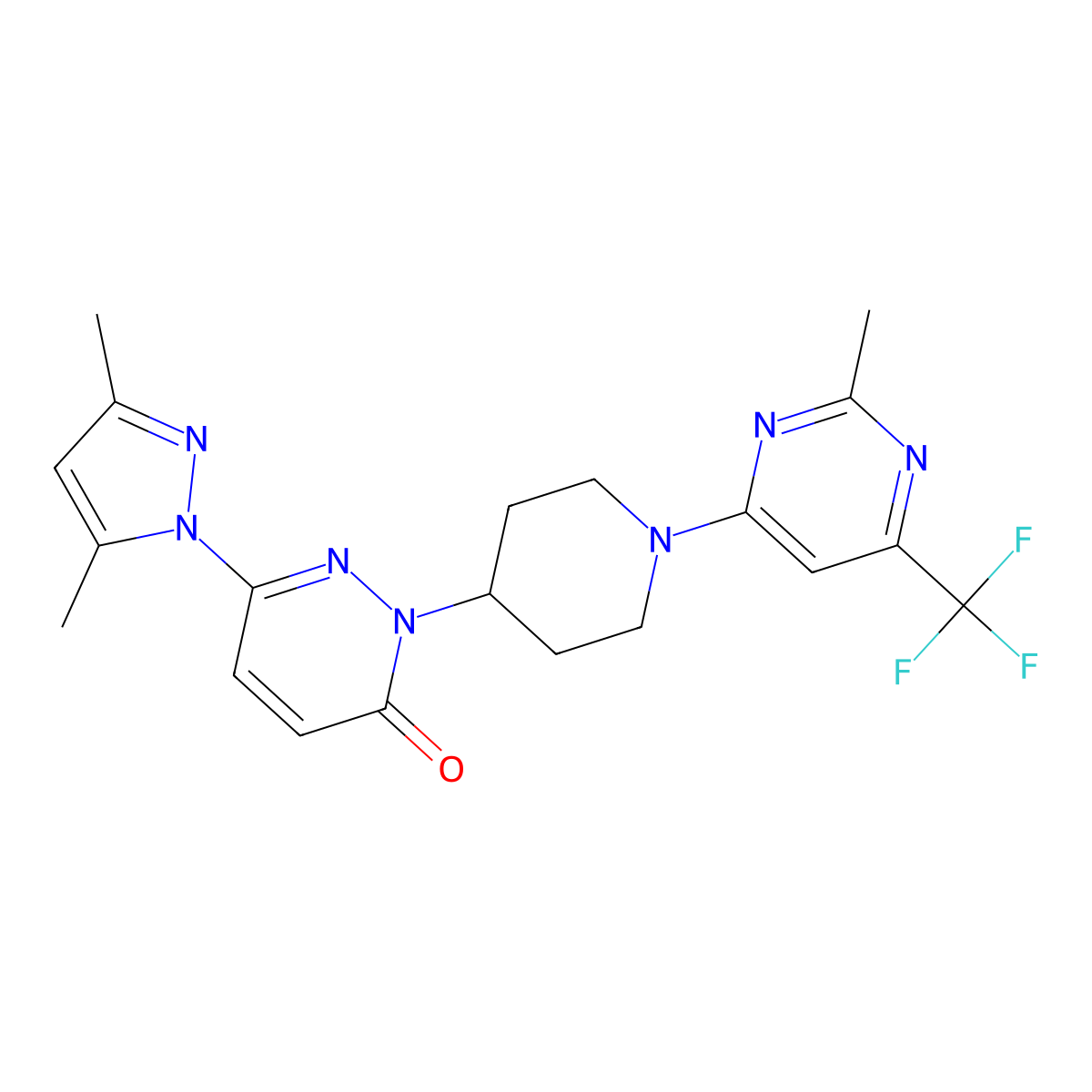 6-(3,5-dimethyl-1H-pyrazol-1-yl)-2-{1-[2-methyl-6-(trifluoromethyl)pyrimidin-4-yl]piperidin-4-yl}-2,3-dihydropyridazin-3-one molecular structure, CAS 2379976-38-0