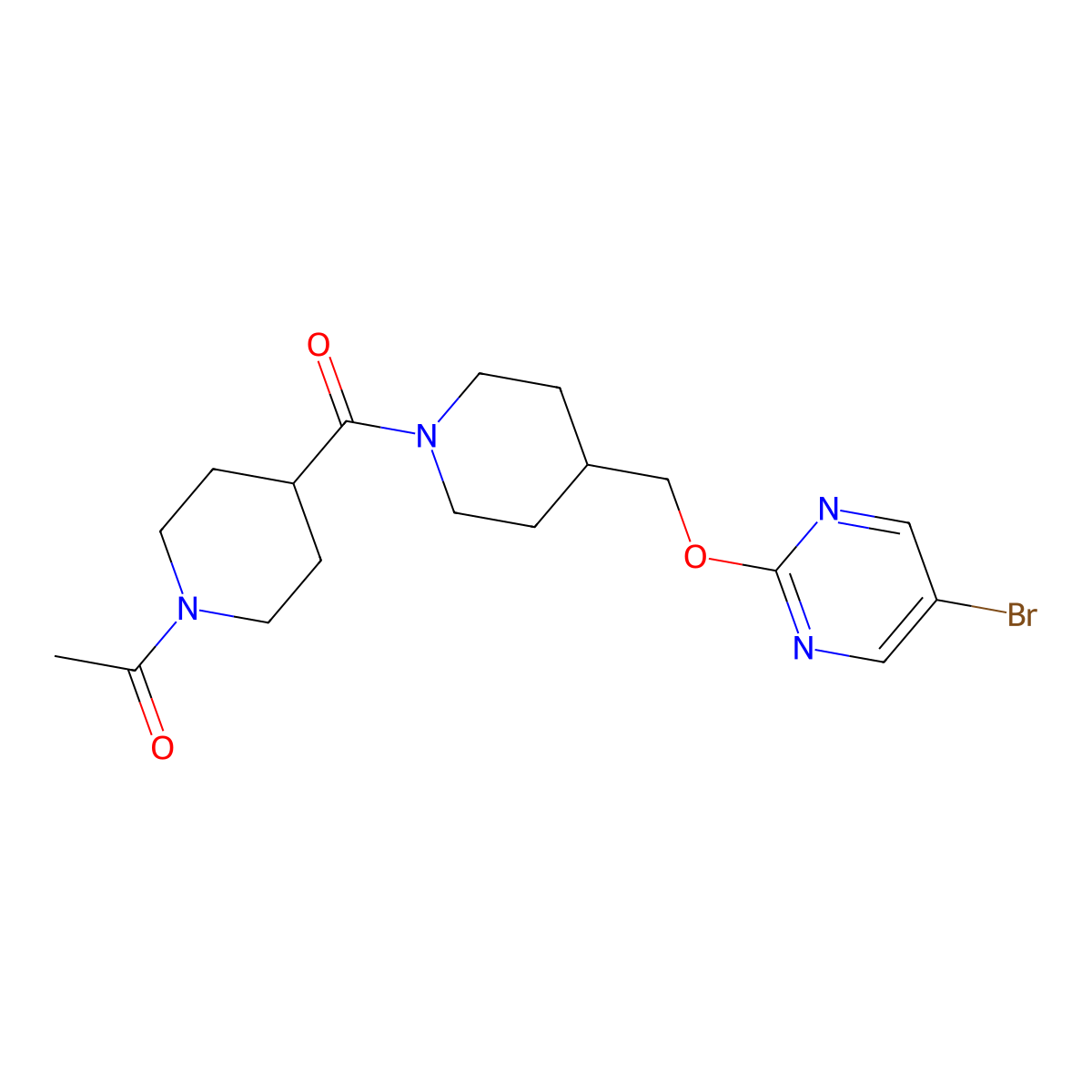 1-[4-(4-{[(5-Bromopyrimidin-2-yl)oxy]methyl}piperidine-1-carbonyl)piperidin-1-yl]ethan-1-one molecular structure, CAS 2379976-40-4