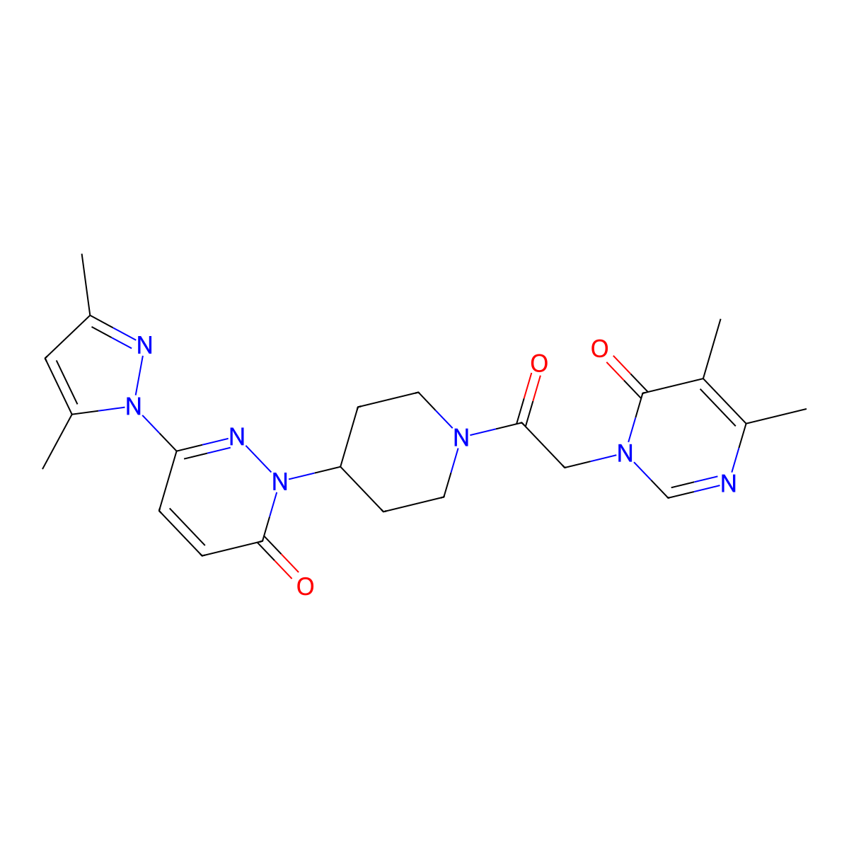 6-(3,5-dimethyl-1H-pyrazol-1-yl)-2-{1-[2-(4,5-dimethyl-6-oxo-1,6-dihydropyrimidin-1-yl)acetyl]piperidin-4-yl}-2,3-dihydropyridazin-3-one molecular structure, CAS 2379976-45-9